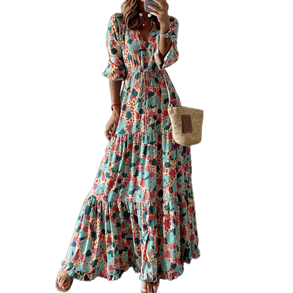 Women's Floral Long Sleeve Tied Waist Maxi Dress