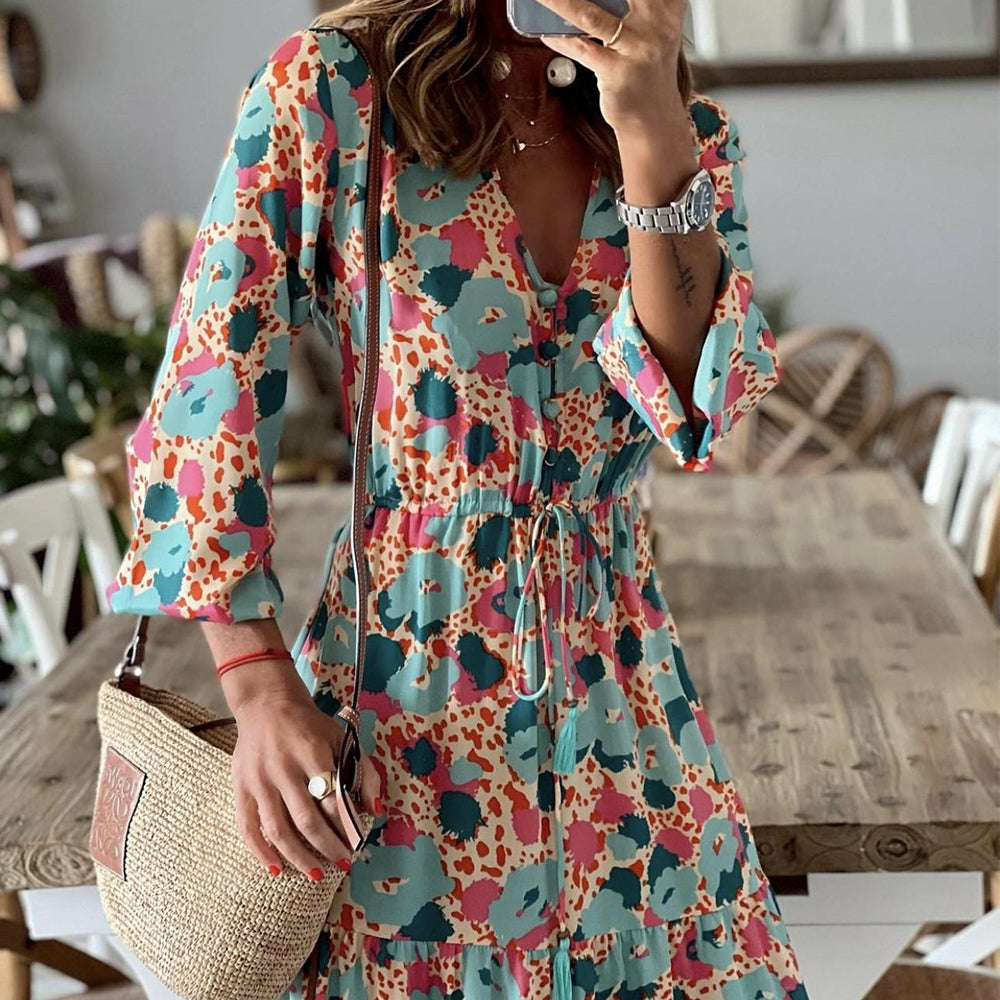 Women's Floral Long Sleeve Tied Waist Maxi Dress