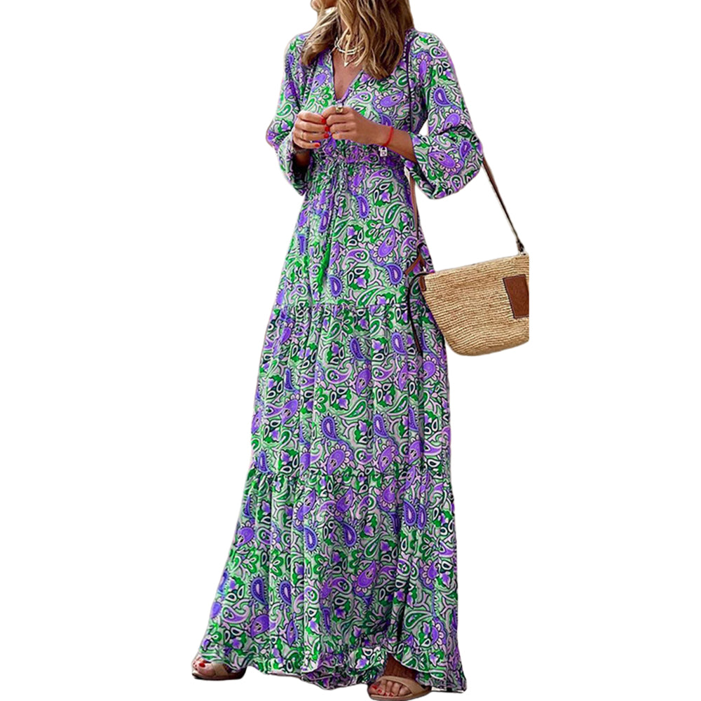 Women's Floral Long Sleeve Tied Waist Maxi Dress