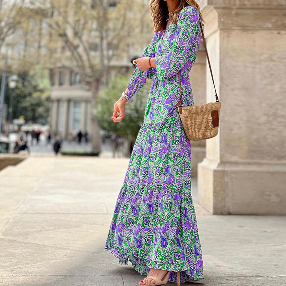 Women's Floral Long Sleeve Tied Waist Maxi Dress