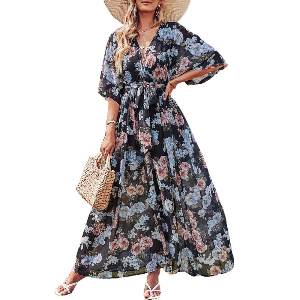 Women's Boho Floral Chiffon WrapV Neck 3/4 Sleeve Dress