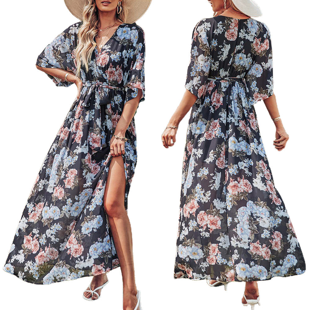Women's Boho Floral Chiffon WrapV Neck 3/4 Sleeve Dress