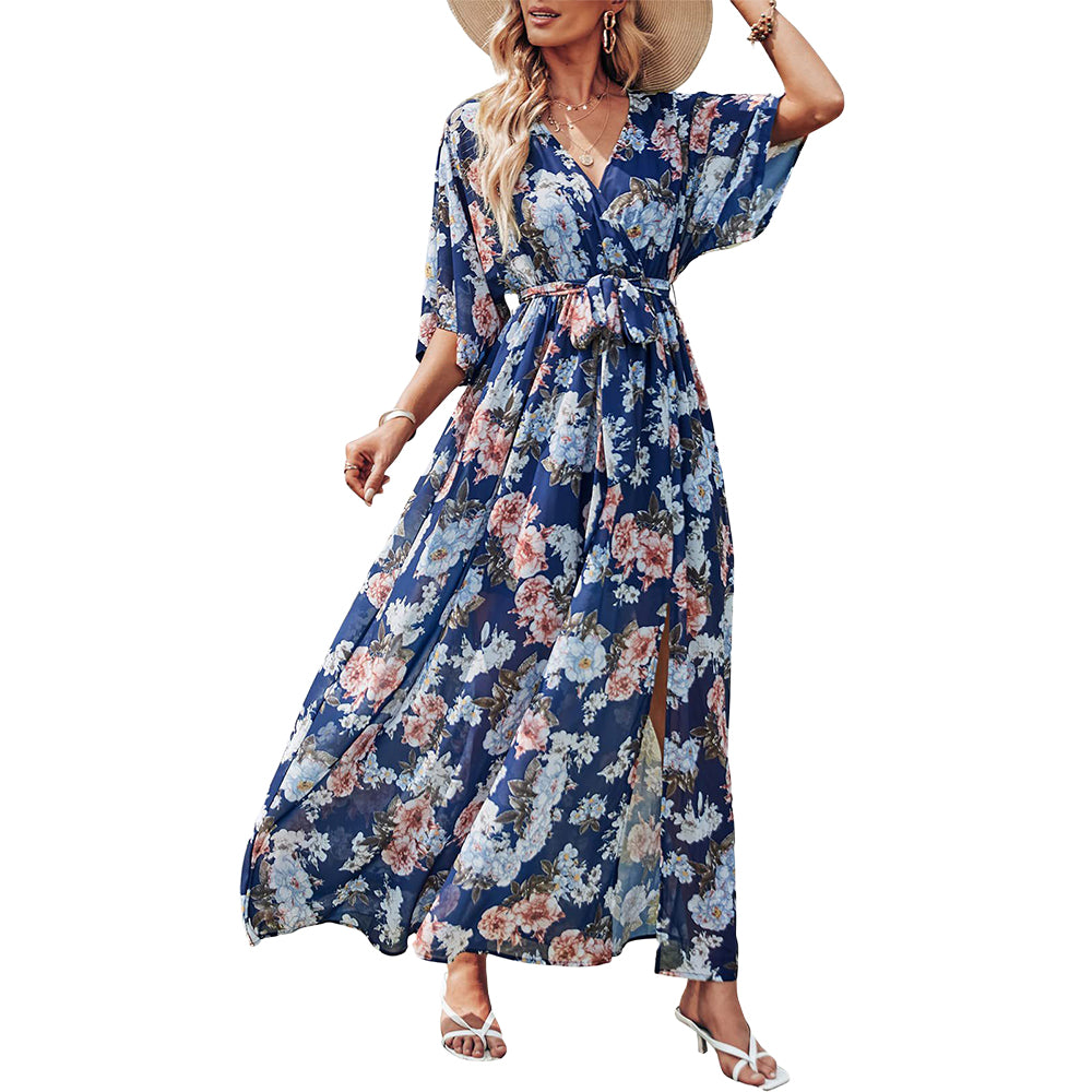 Women's Boho Floral Chiffon WrapV Neck 3/4 Sleeve Dress