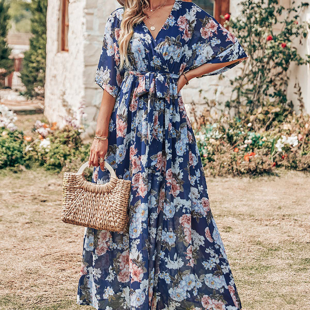 Women's Boho Floral Chiffon WrapV Neck 3/4 Sleeve Dress