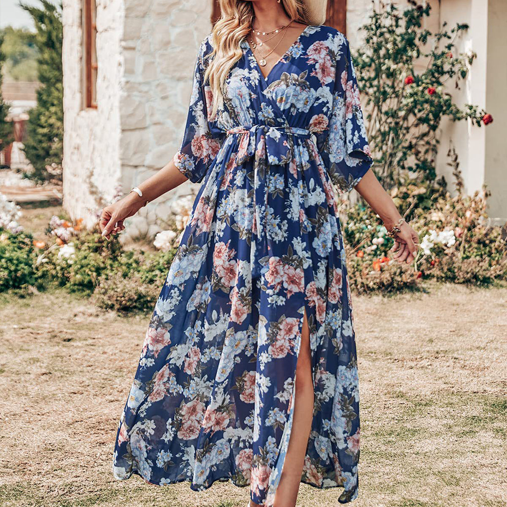 Women's Boho Floral Chiffon WrapV Neck 3/4 Sleeve Dress