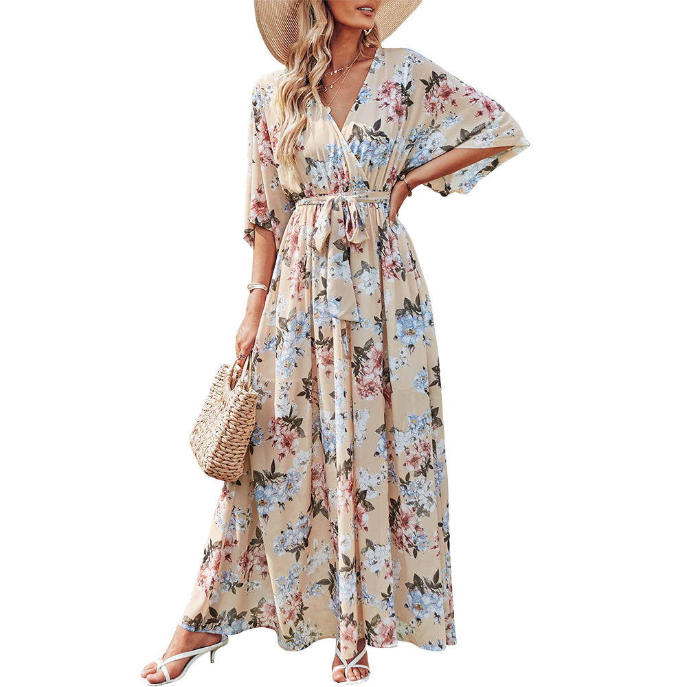 Women's Boho Floral Chiffon WrapV Neck 3/4 Sleeve Dress
