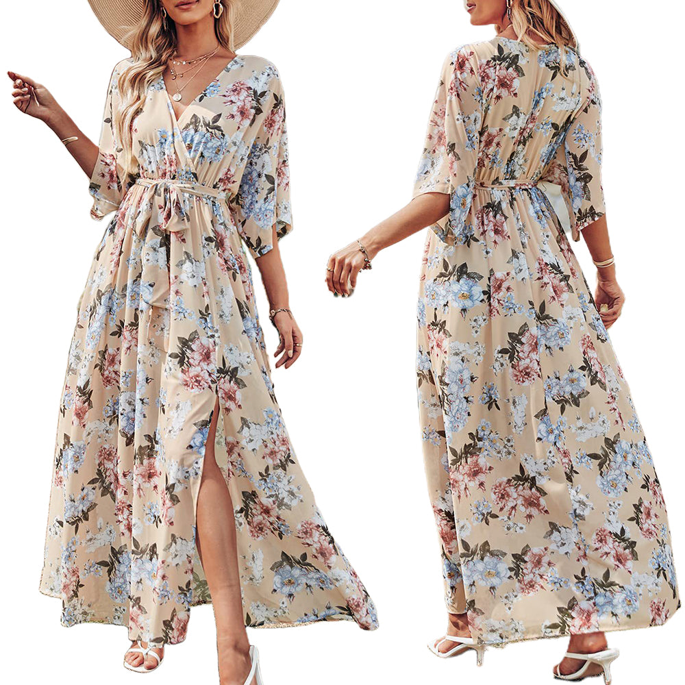 Women's Boho Floral Chiffon WrapV Neck 3/4 Sleeve Dress