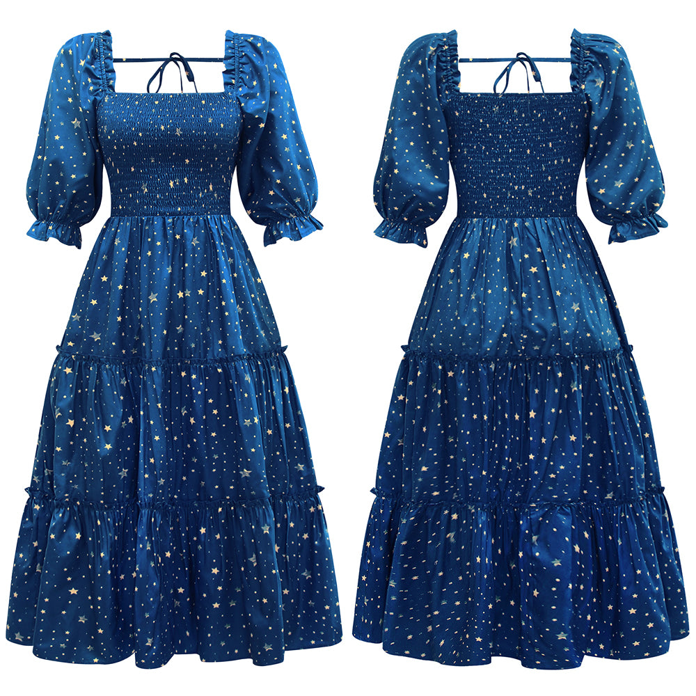 Women's Stary Printed Square Neck Flounce Sleeve Layered Ruffle Midi Dress