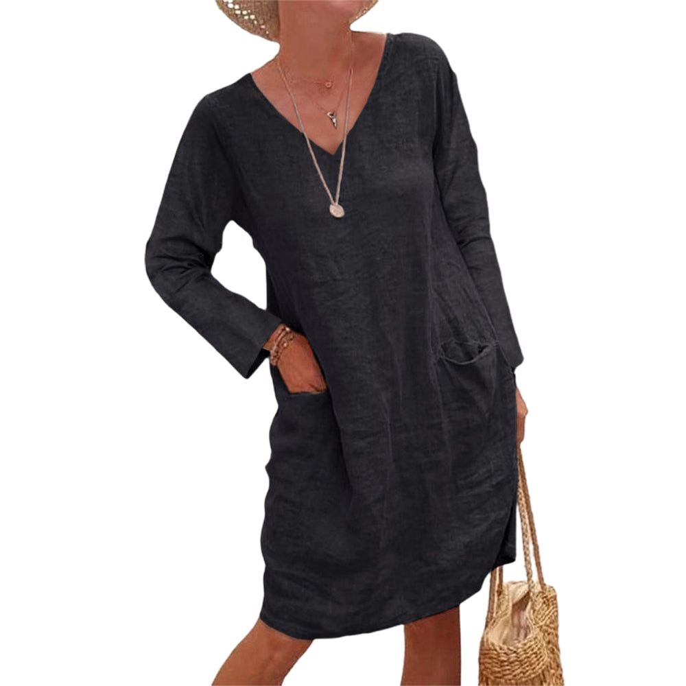 Women's Long Sleeve Cotton Dress Stitching V Neck Midi Dress with Pockets