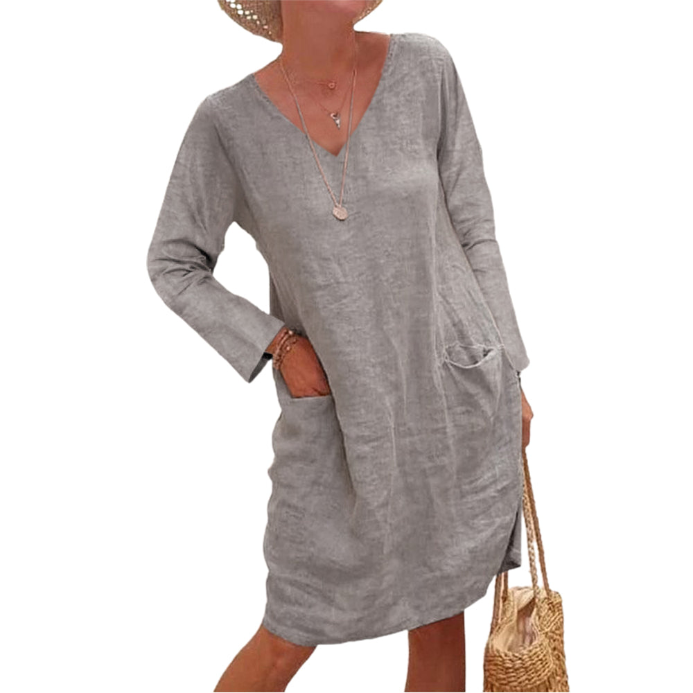 Women's Long Sleeve Cotton Dress Stitching V Neck Midi Dress with Pockets