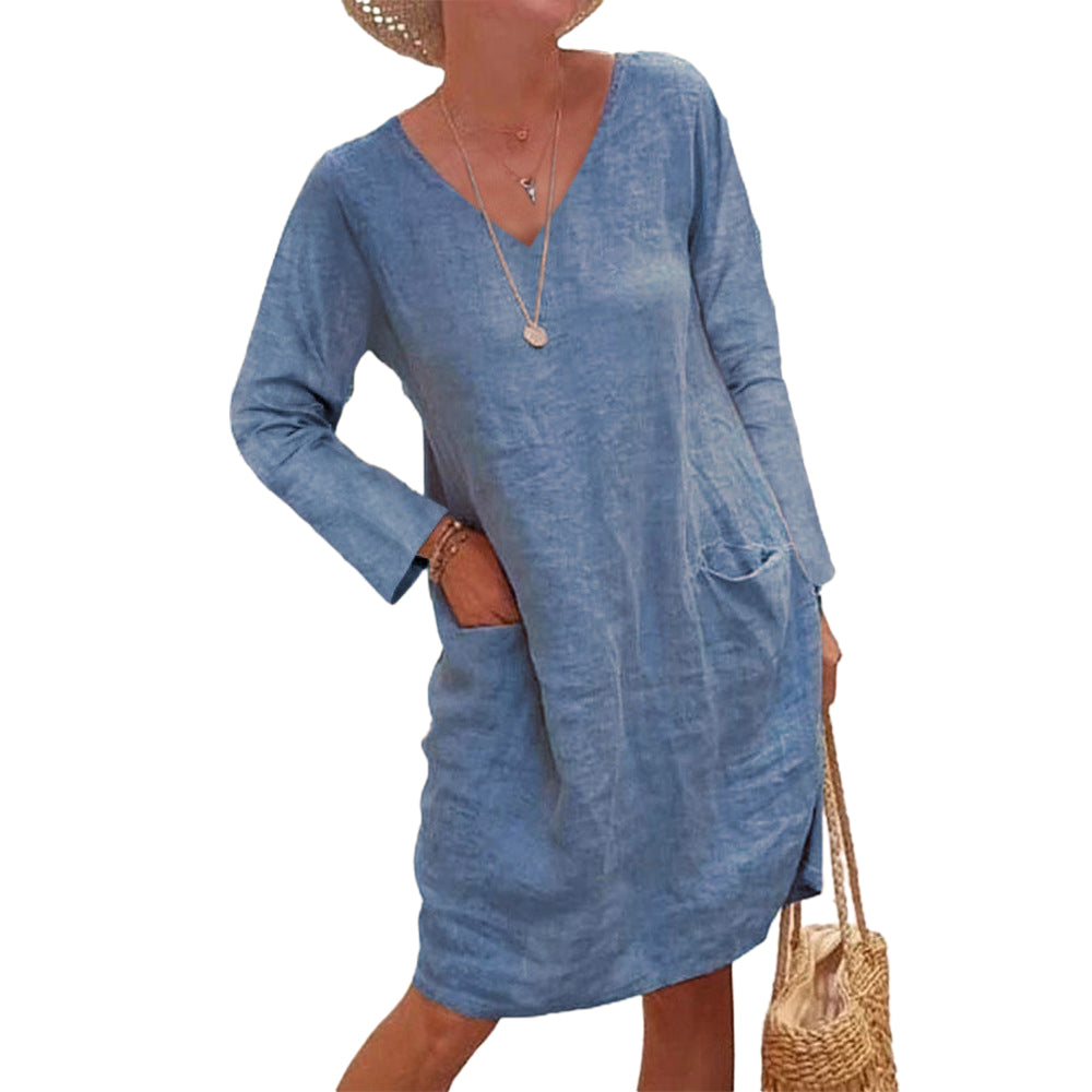 Women's Long Sleeve Cotton Dress Stitching V Neck Midi Dress with Pockets