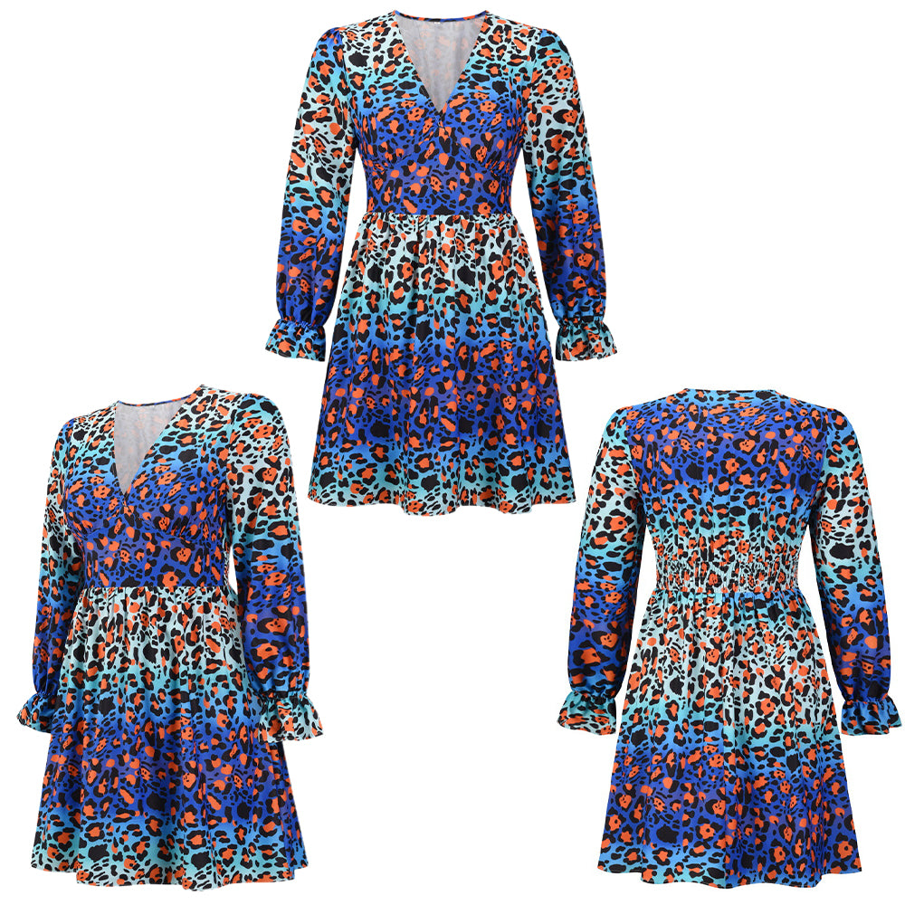Women's Leopard Floral Printed Long Sleeve Beach Tunic Dress