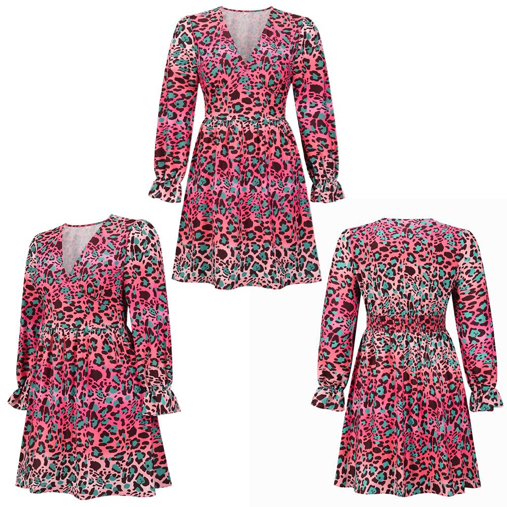 Women's Leopard Floral Printed Long Sleeve Beach Tunic Dress