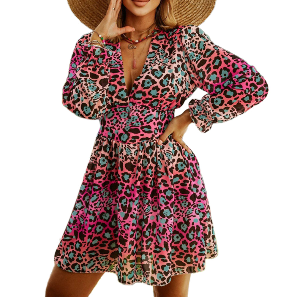 Women's Leopard Floral Printed Long Sleeve Beach Tunic Dress