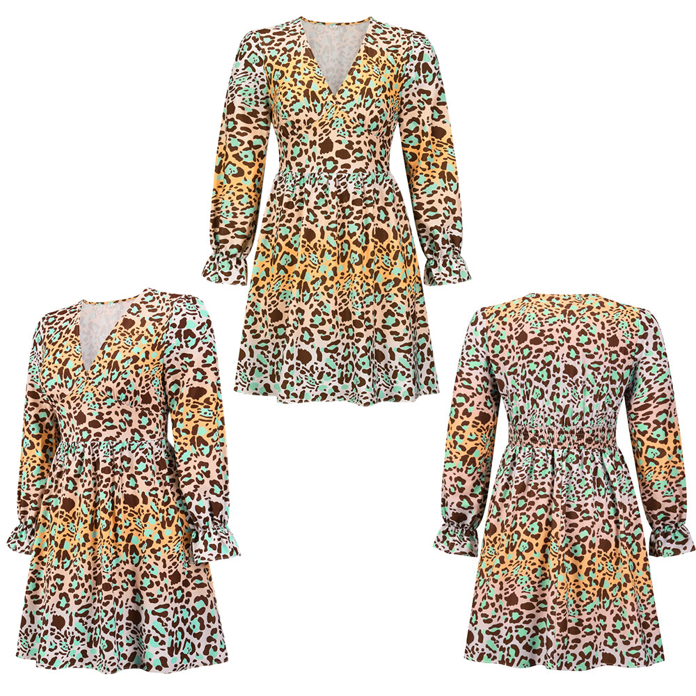Women's Leopard Floral Printed Long Sleeve Beach Tunic Dress