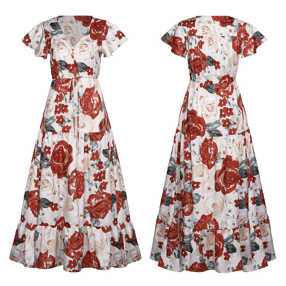 Women's Floral V-Neck Tie Waist Ruffle Tiered Maxi Dresses