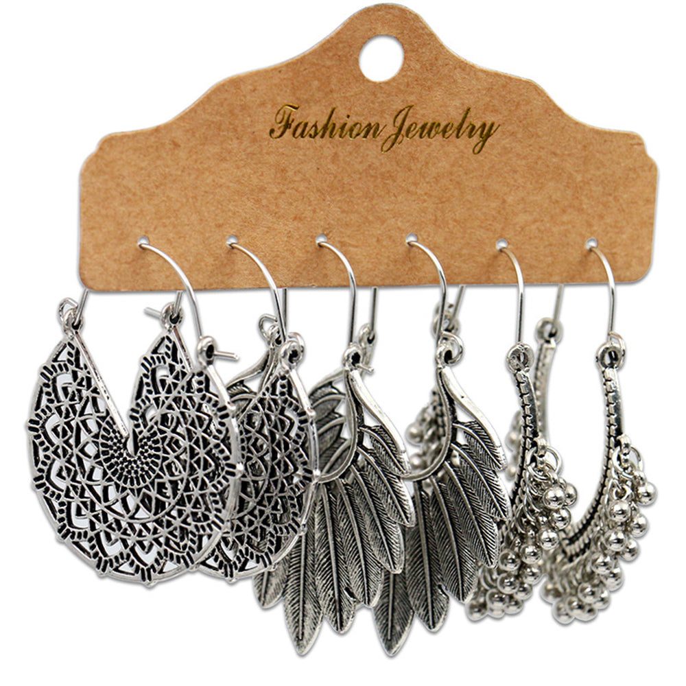 3-Pairs Women Boho Vintage Drop Dangle Earrings Set Hollow Jewelry Earrings Set