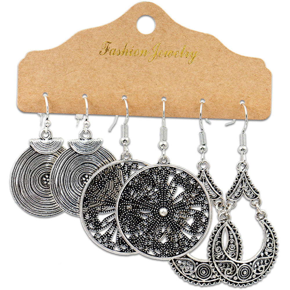 3-Pairs Women Boho Vintage Drop Dangle Earrings Set Hollow Jewelry Earrings Set