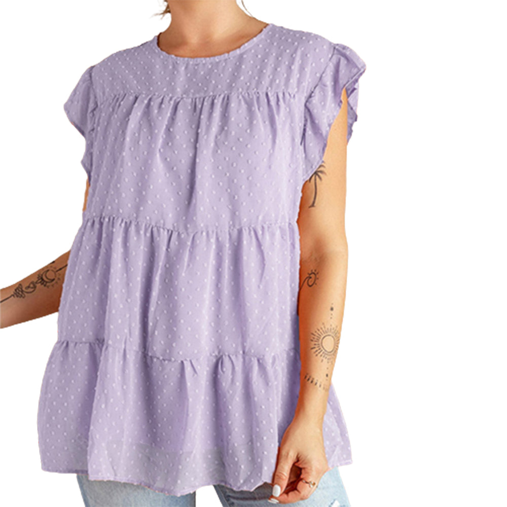 Women's Swiss Dot Chiffon Round Neck Short Sleeve Blouse