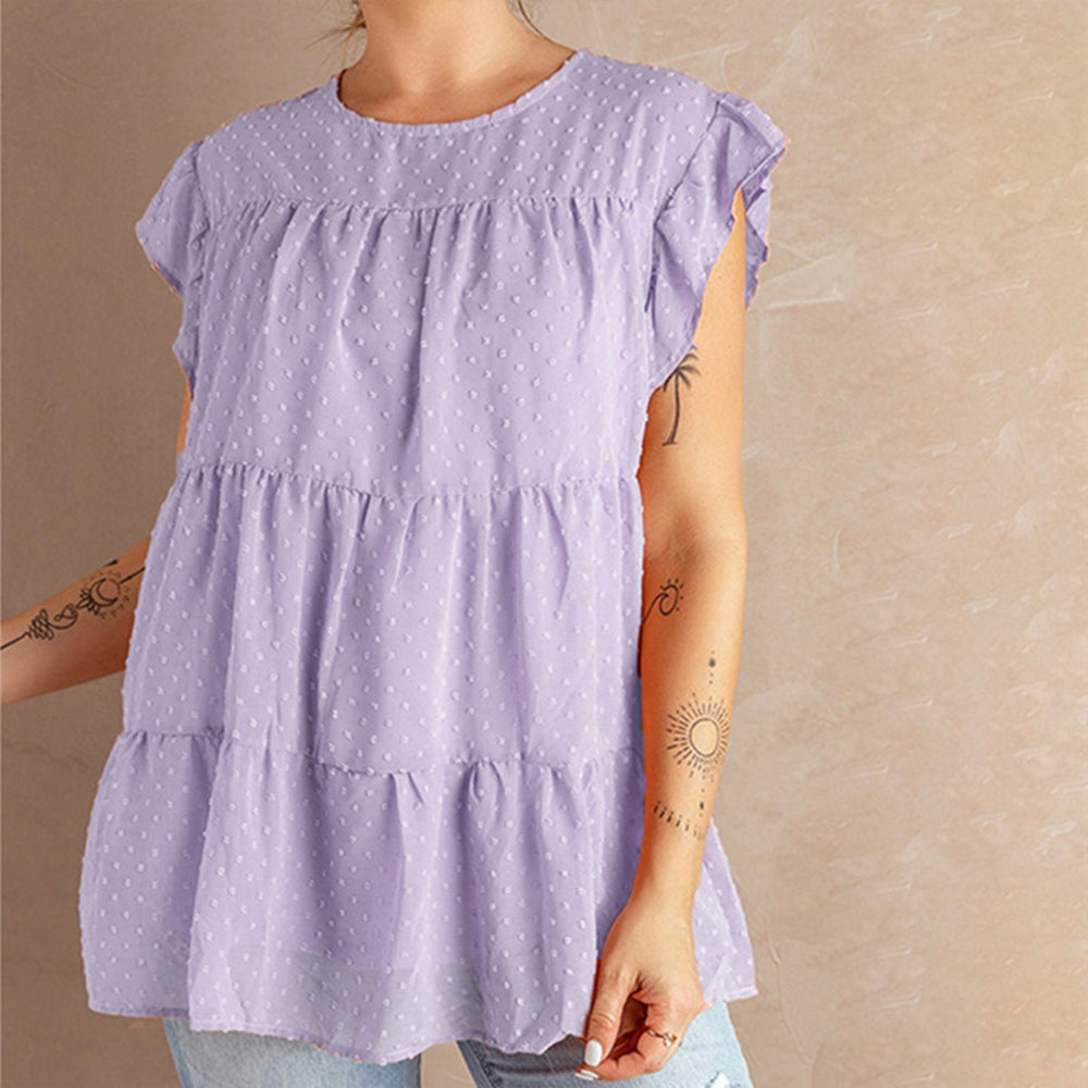 Women's Swiss Dot Chiffon Round Neck Short Sleeve Blouse