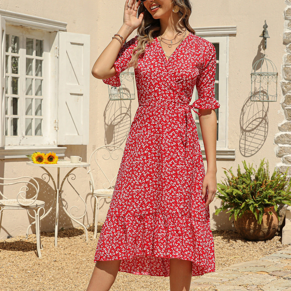 Women's Boho Summer Wrap V Neck Side Split Short Sleeves Dress with Belt
