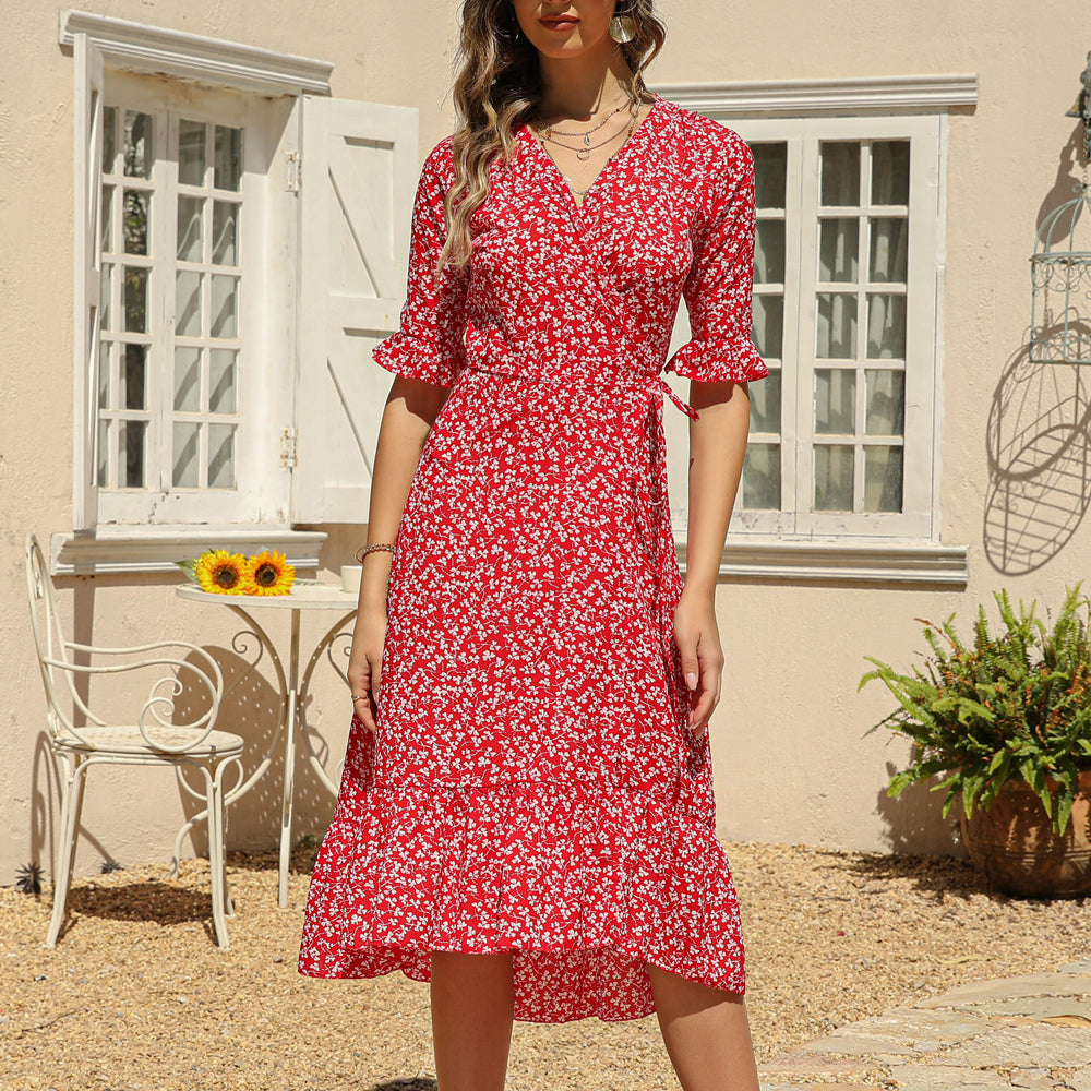 Women's Boho Summer Wrap V Neck Side Split Short Sleeves Dress with Belt