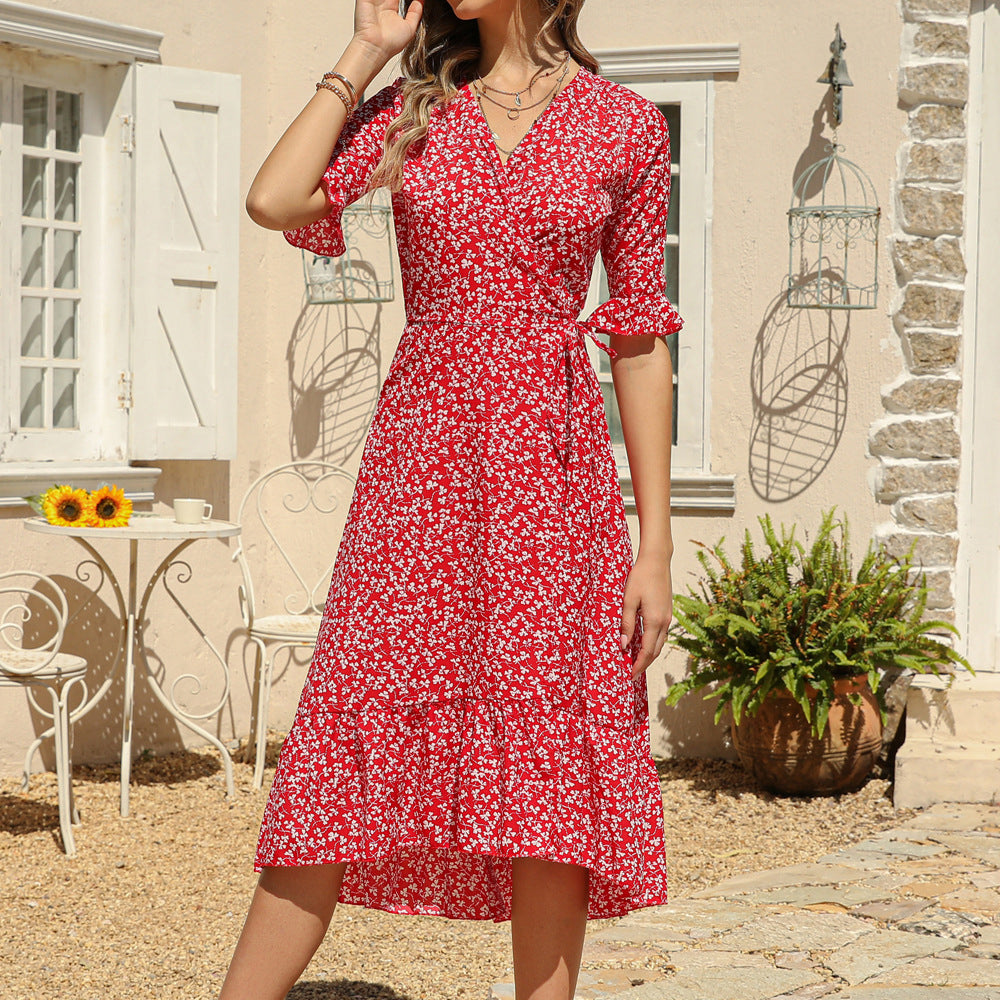 Women's Boho Summer Wrap V Neck Side Split Short Sleeves Dress with Belt