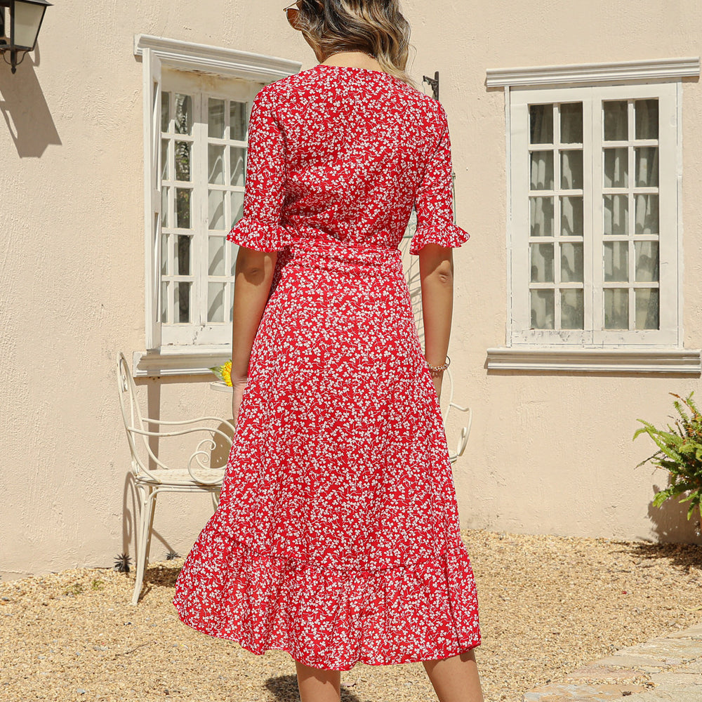 Women's Boho Summer Wrap V Neck Side Split Short Sleeves Dress with Belt