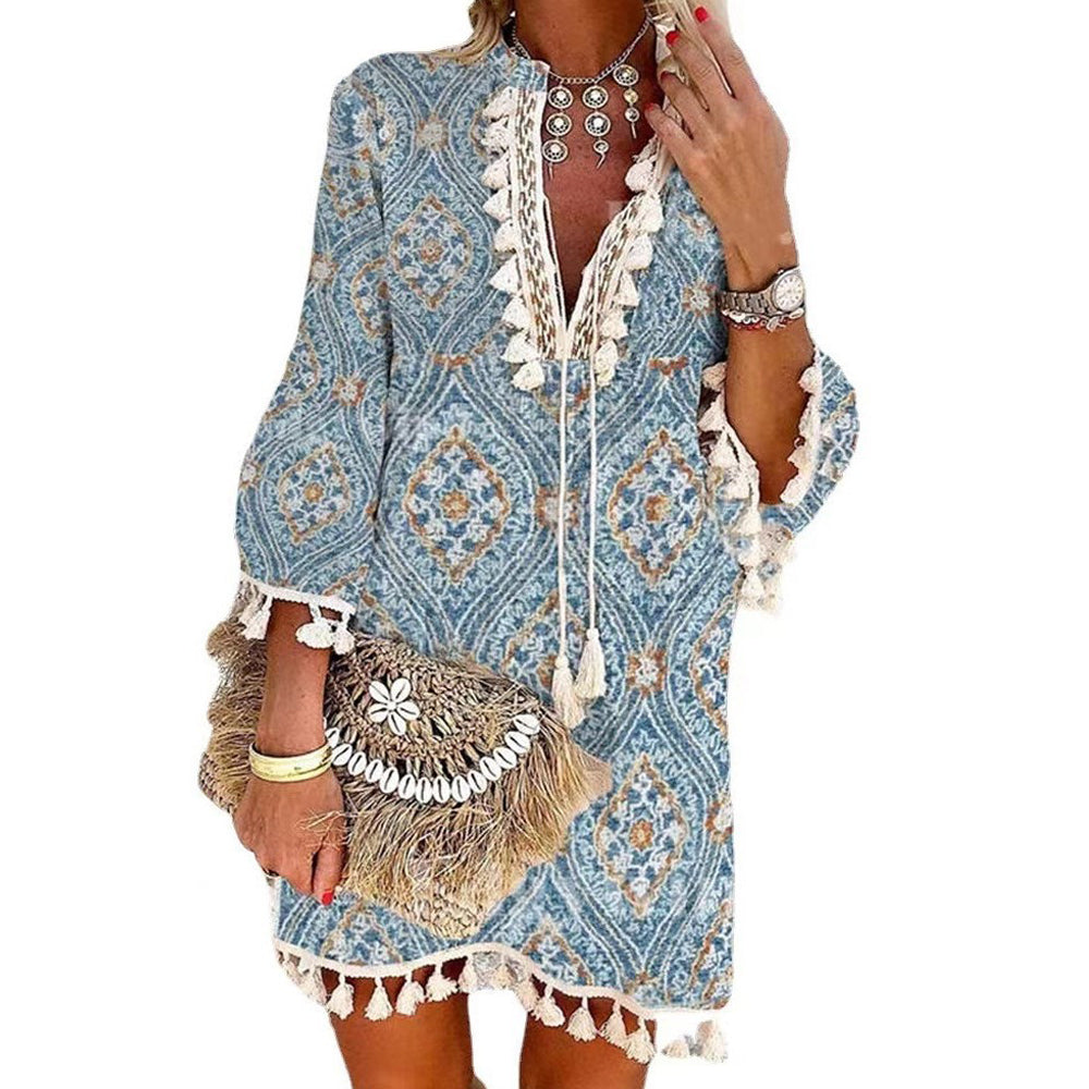 Women Bohemian Printed Tassel Neck Tie Summer Shift Dress