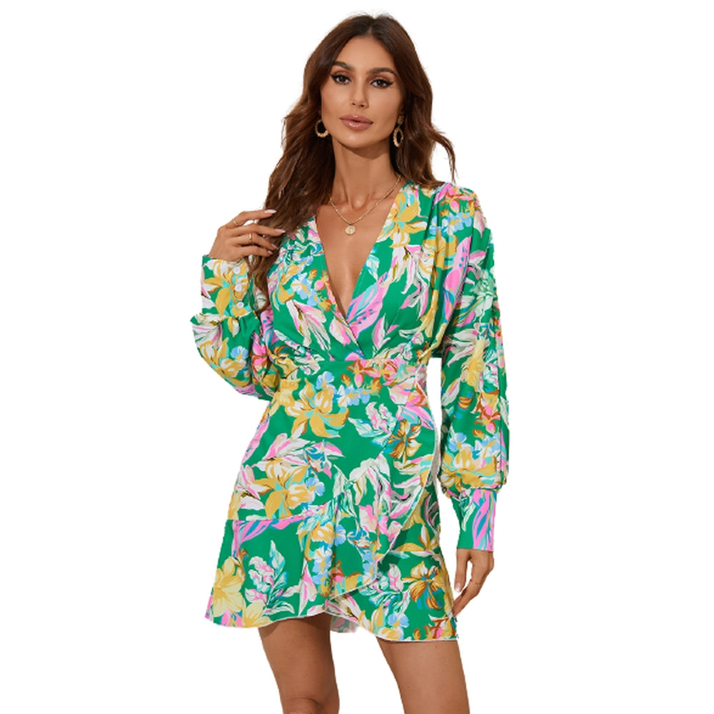 Women Floral Printed Long Sleeve Dress V-Neck Ruffle Mini Dress