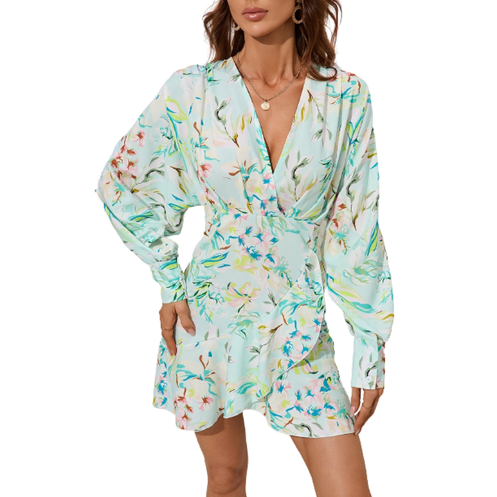 Women Floral Printed Long Sleeve Dress V-Neck Ruffle Mini Dress