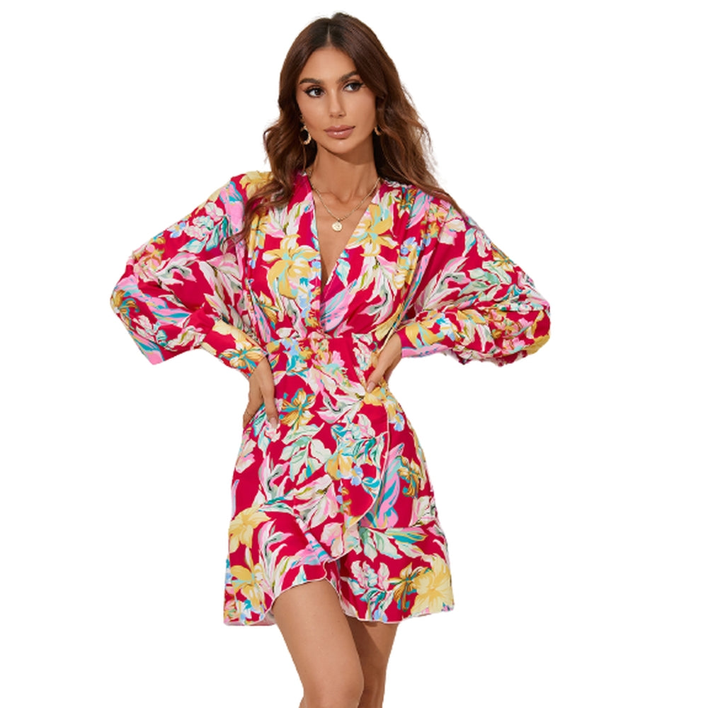 Women Floral Printed Long Sleeve Dress V-Neck Ruffle Mini Dress