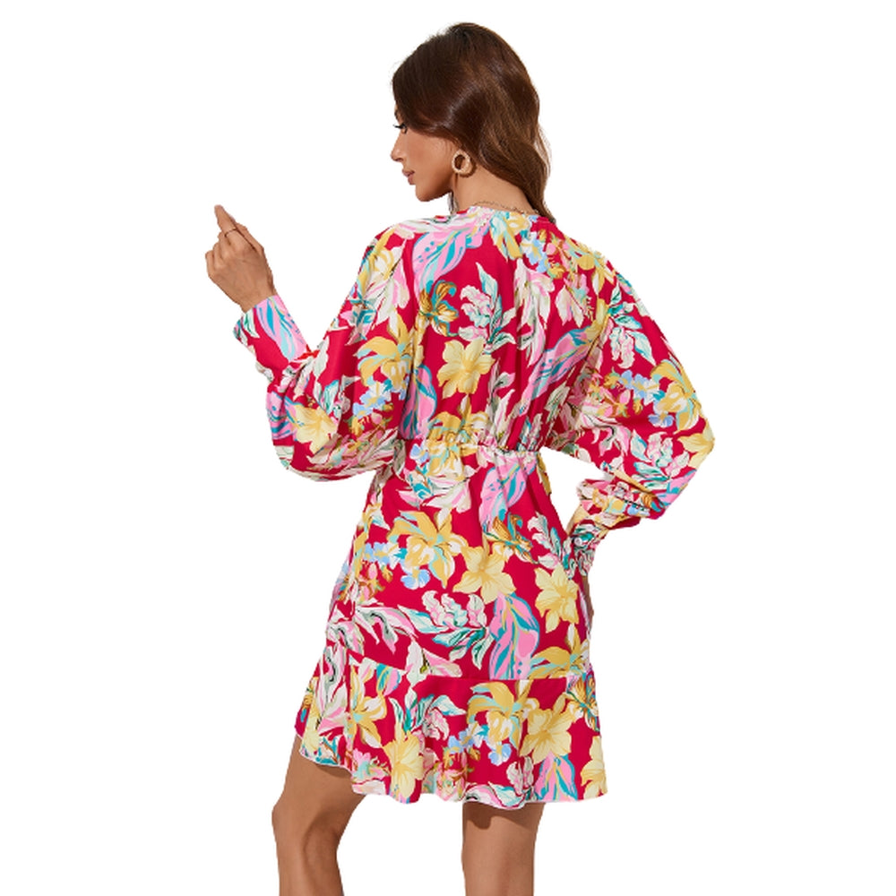 Women Floral Printed Long Sleeve Dress V-Neck Ruffle Mini Dress