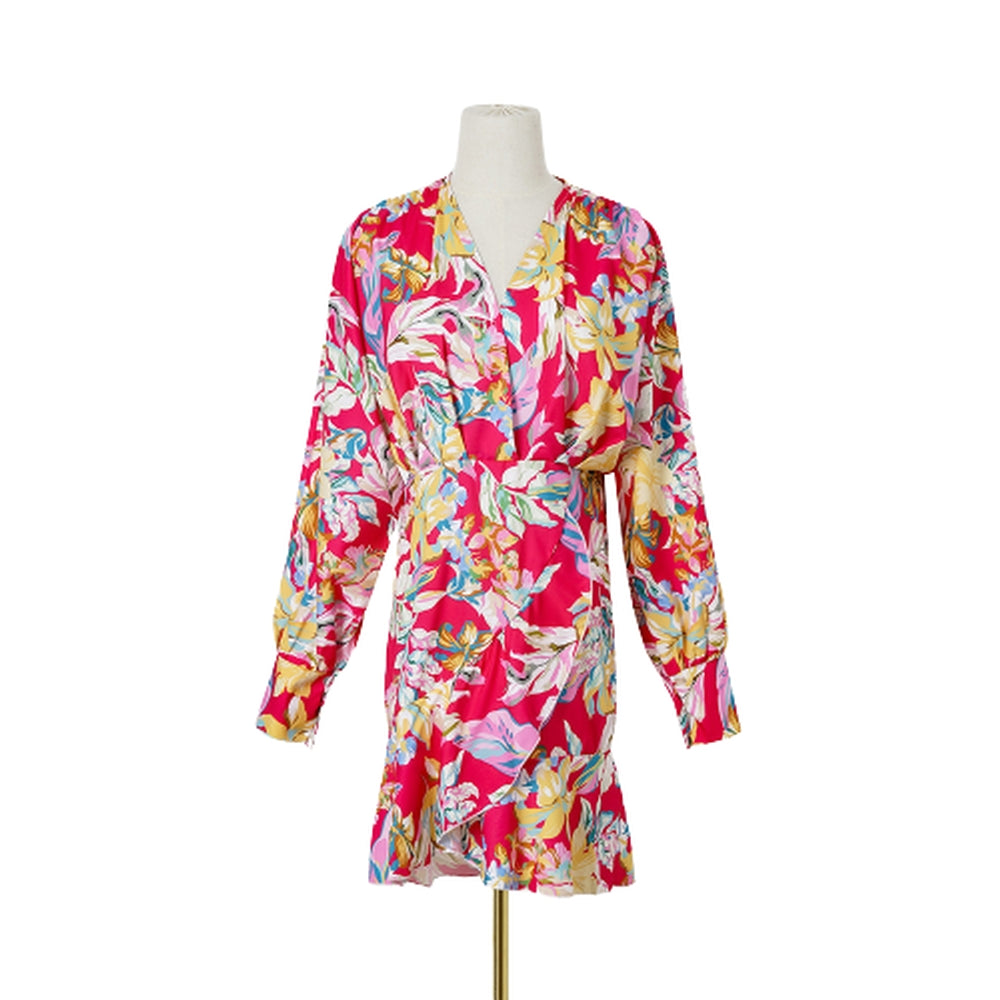 Women Floral Printed Long Sleeve Dress V-Neck Ruffle Mini Dress