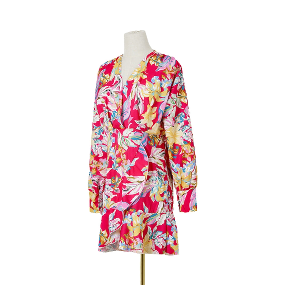 Women Floral Printed Long Sleeve Dress V-Neck Ruffle Mini Dress