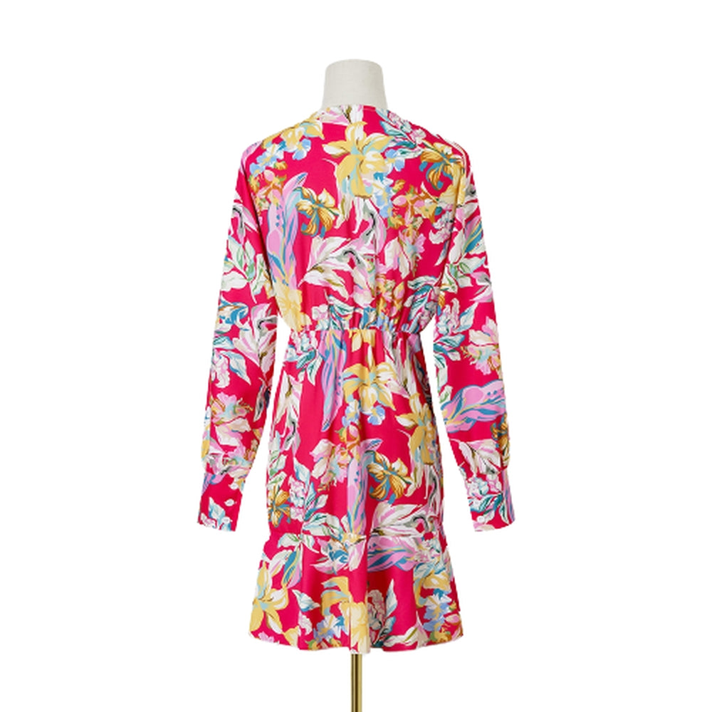 Women Floral Printed Long Sleeve Dress V-Neck Ruffle Mini Dress