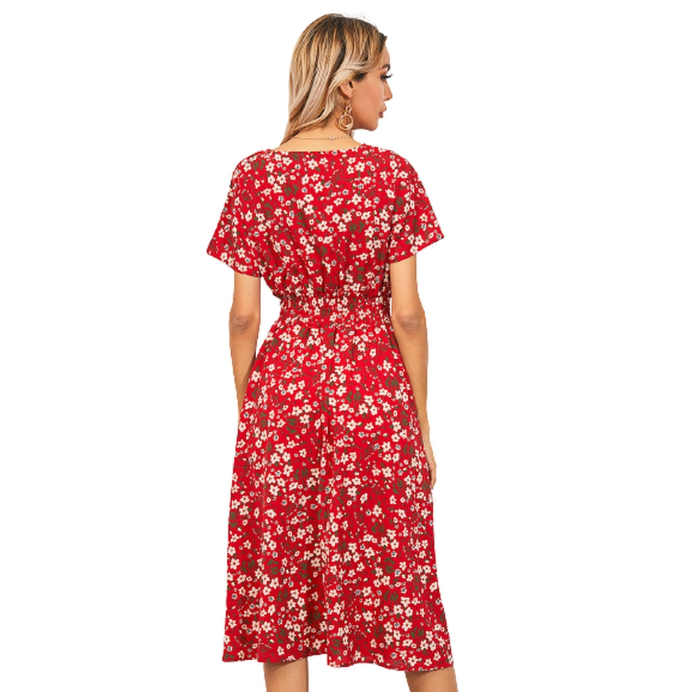 Women's Floral Printed Short Sleeve V-Neck Midi Dress with Elastic Waistband
