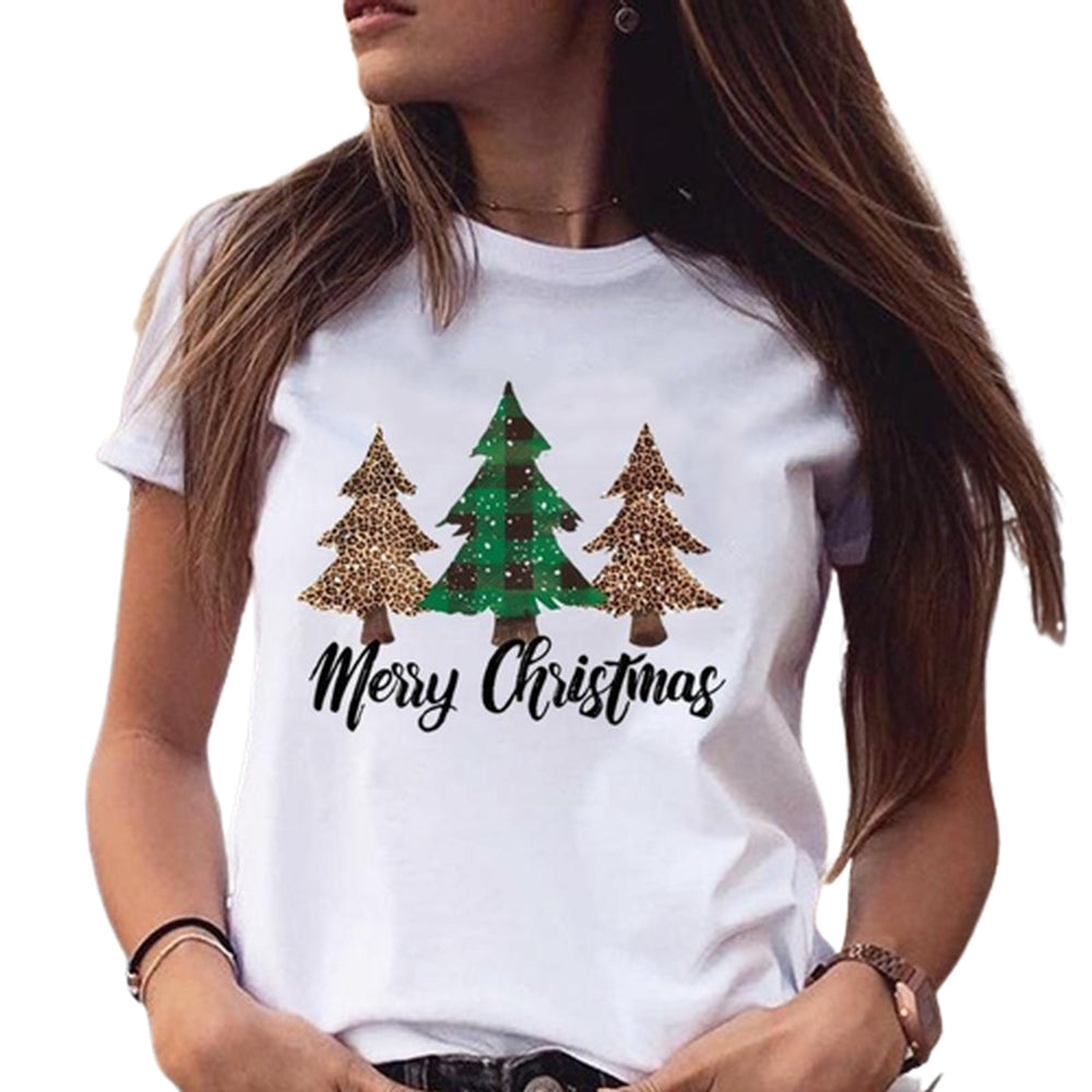 Women Christmas Printed Short Sleeve Tops Round Neck Xmas Tee Tops