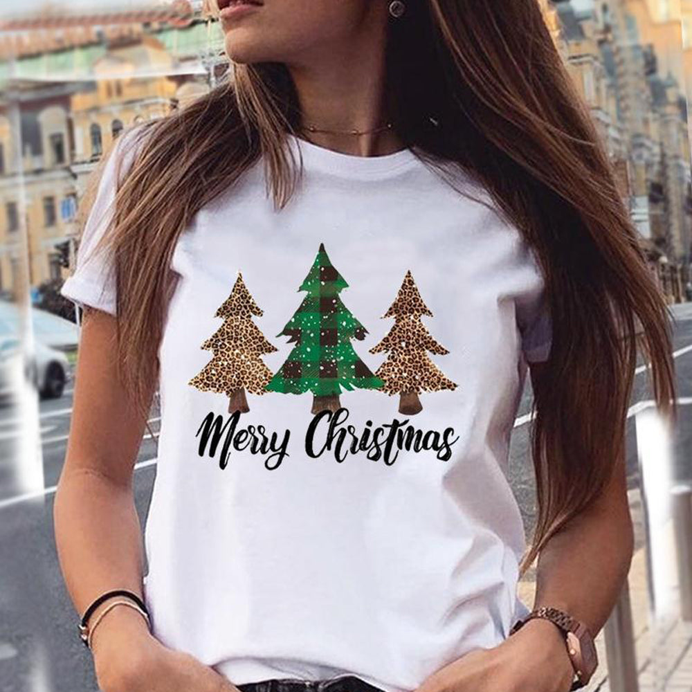 Women Christmas Printed Short Sleeve Tops Round Neck Xmas Tee Tops