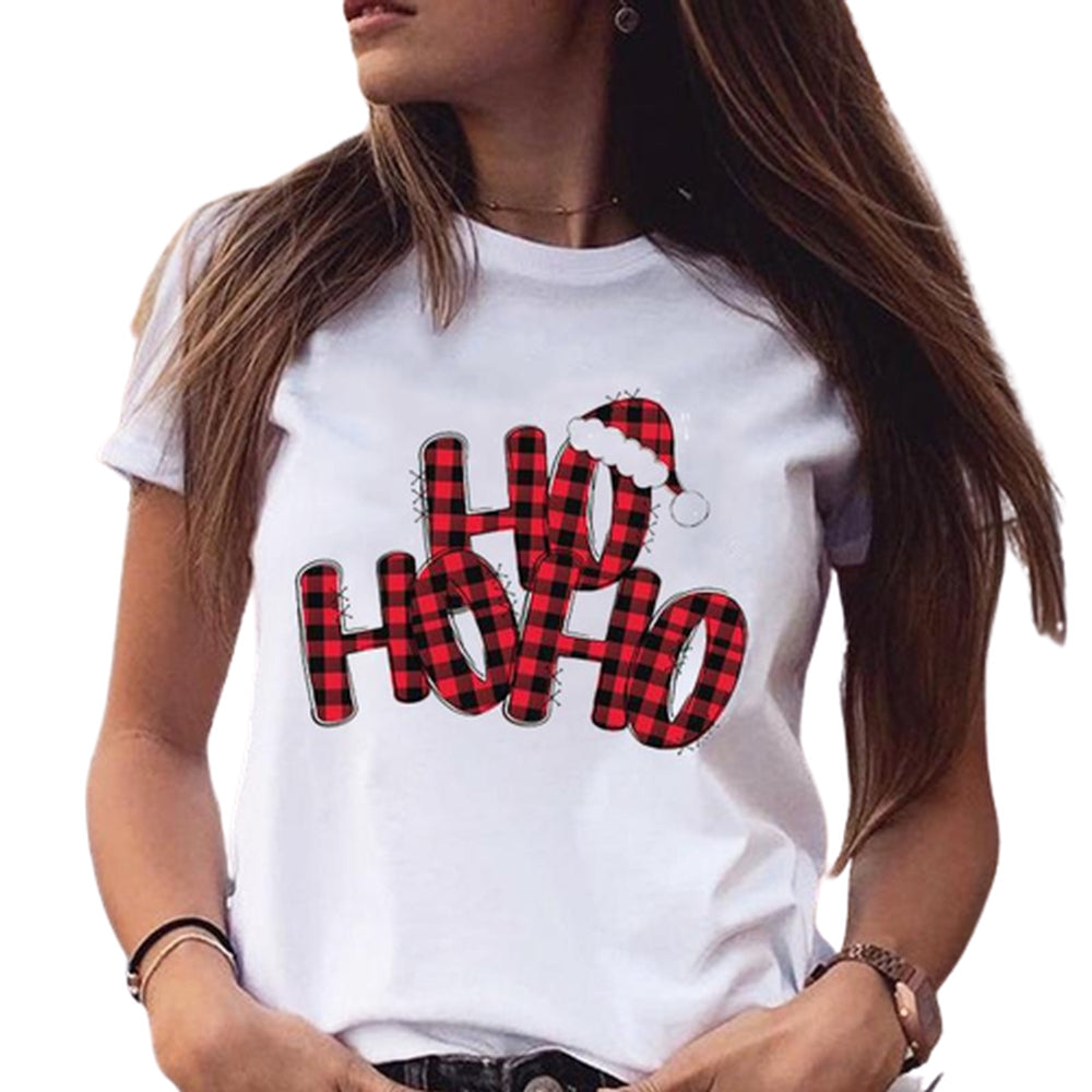 Women Christmas Printed Short Sleeve Tops Round Neck Xmas Tee Tops