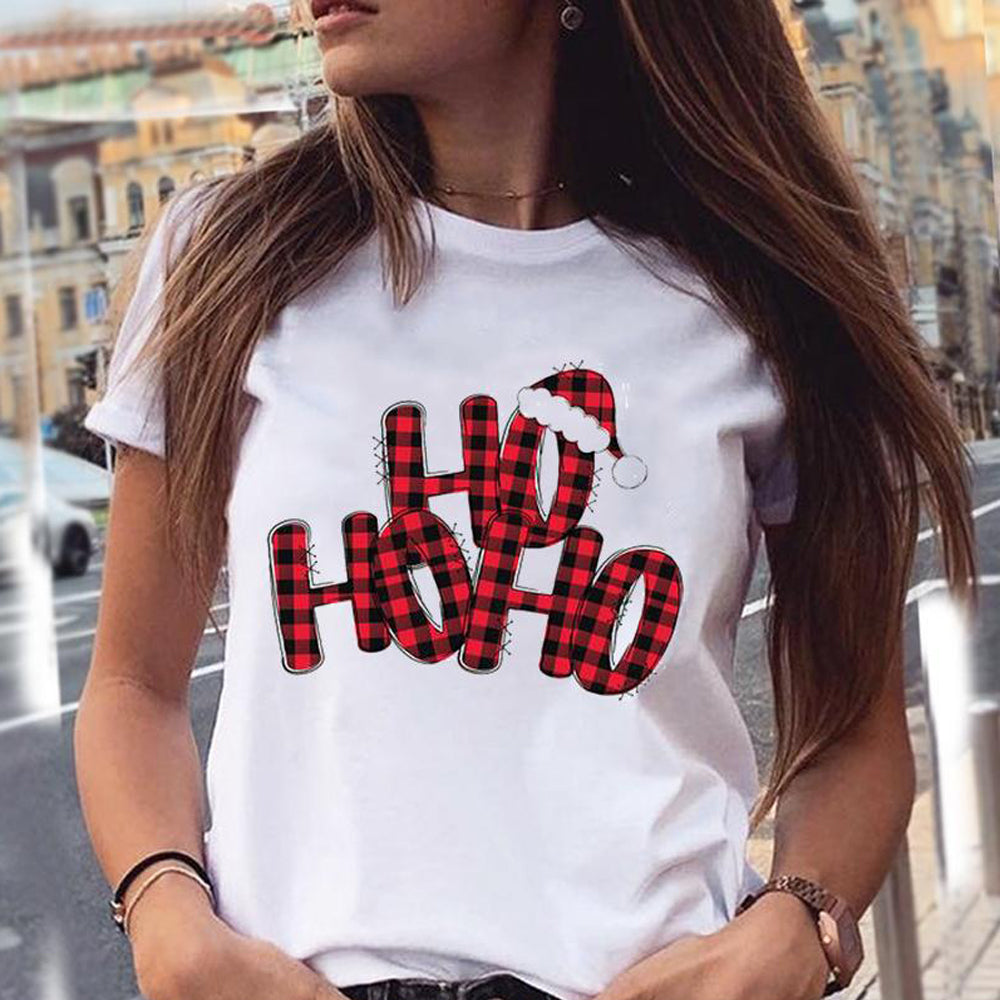 Women Christmas Printed Short Sleeve Tops Round Neck Xmas Tee Tops