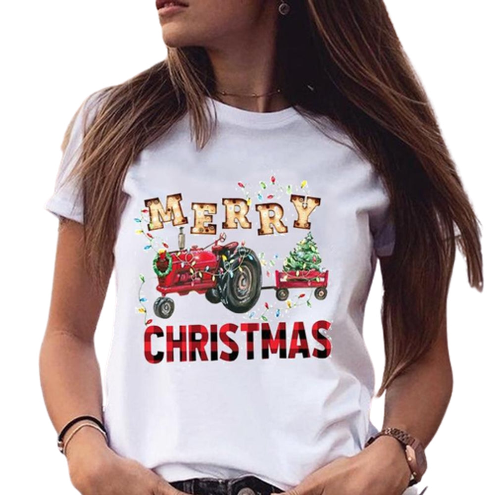 Women Christmas Printed Short Sleeve Tops Round Neck Xmas Tee Tops