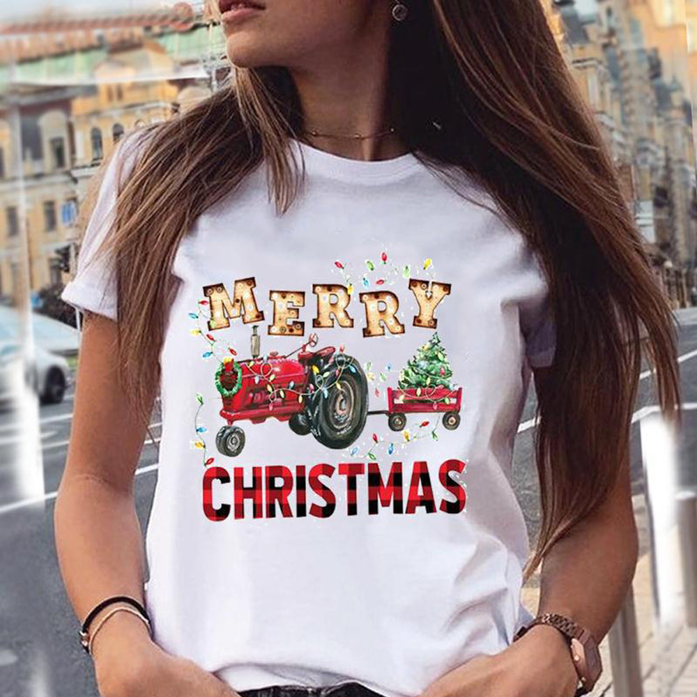 Women Christmas Printed Short Sleeve Tops Round Neck Xmas Tee Tops