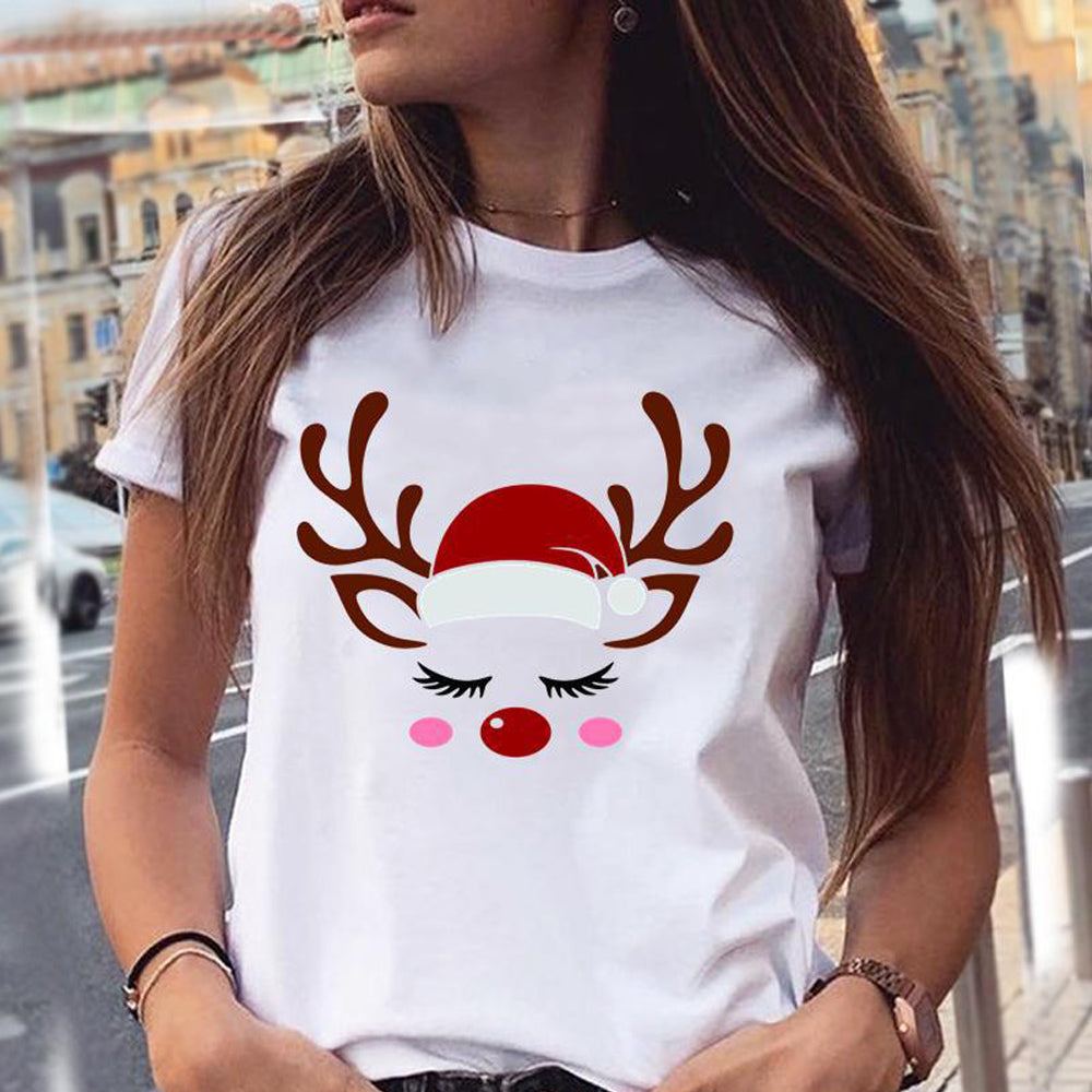 Women Christmas Printed Short Sleeve Tops Round Neck Xmas Tee Tops