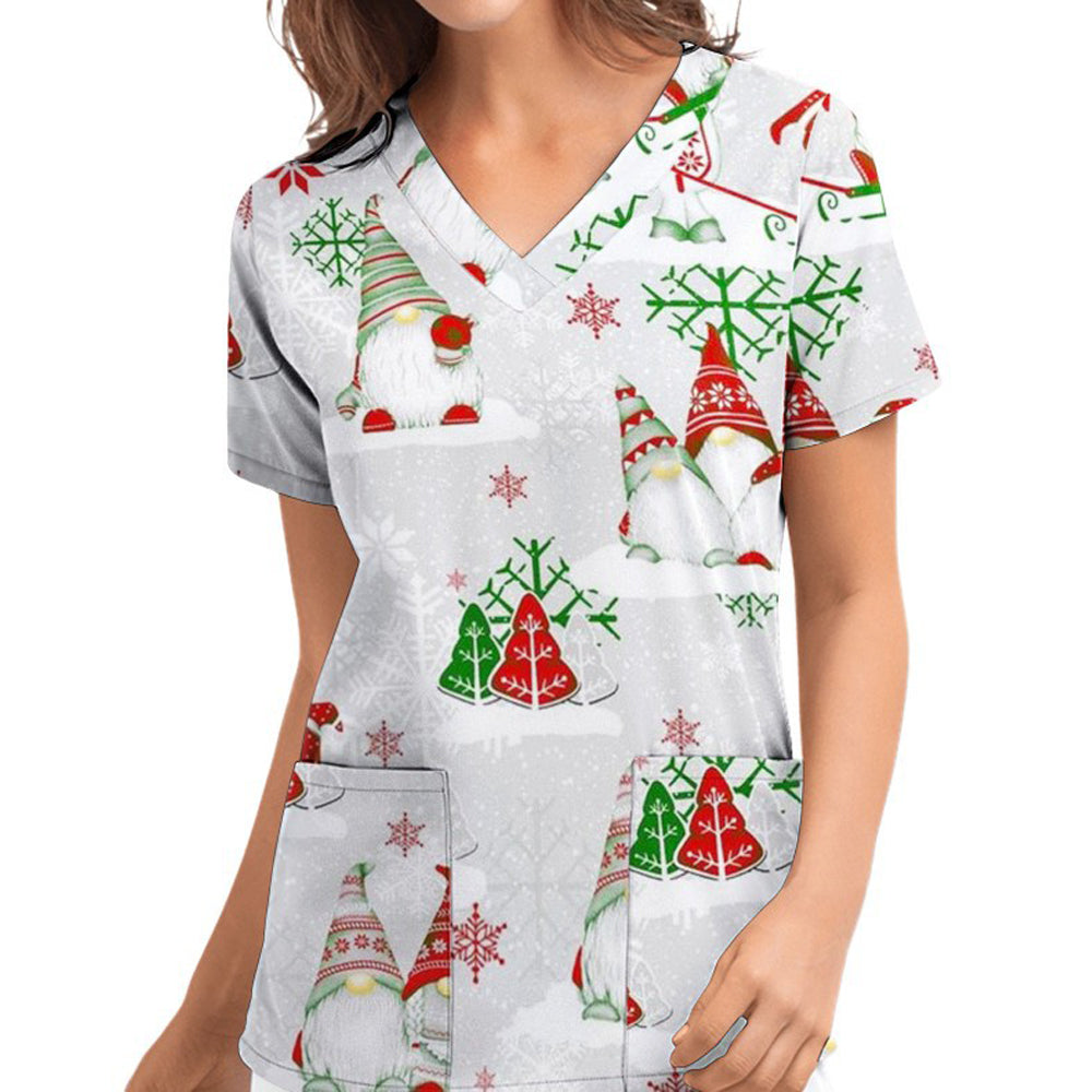 Women's Christmas Printed Crub Tops Short Sleeve V-Neck Blouse