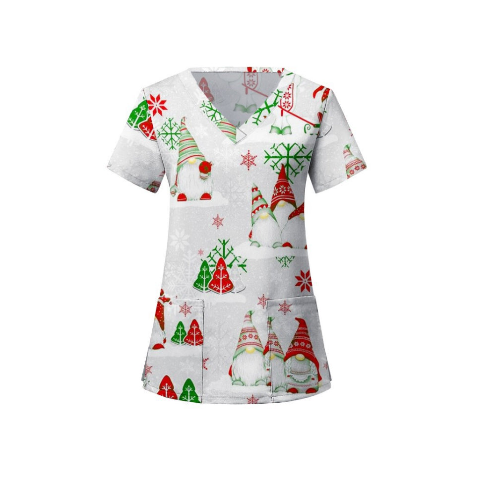 Women's Christmas Printed Crub Tops Short Sleeve V-Neck Blouse