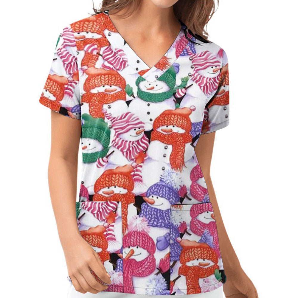 Women's Christmas Printed Crub Tops Short Sleeve V-Neck Blouse