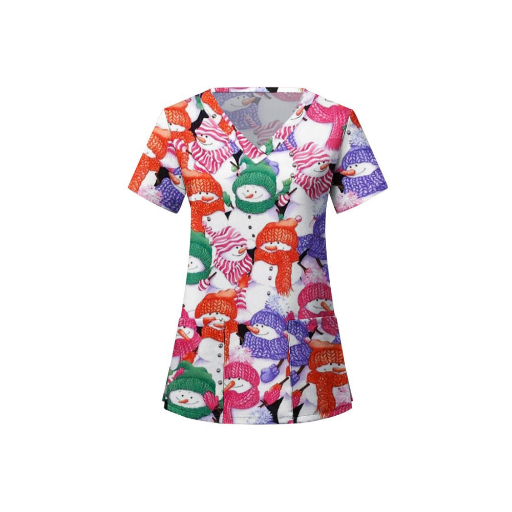 Women's Christmas Printed Crub Tops Short Sleeve V-Neck Blouse