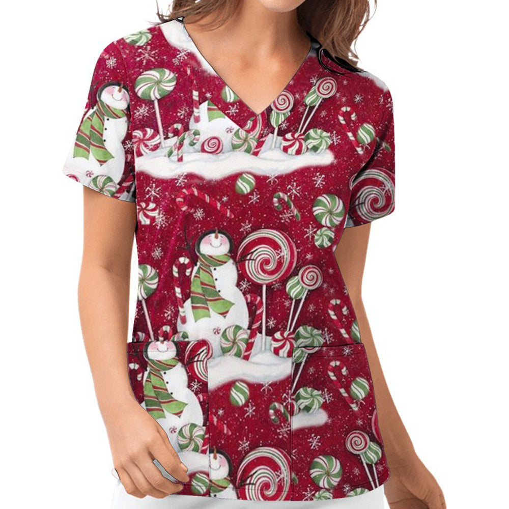 Women's Christmas Printed Crub Tops Short Sleeve V-Neck Blouse