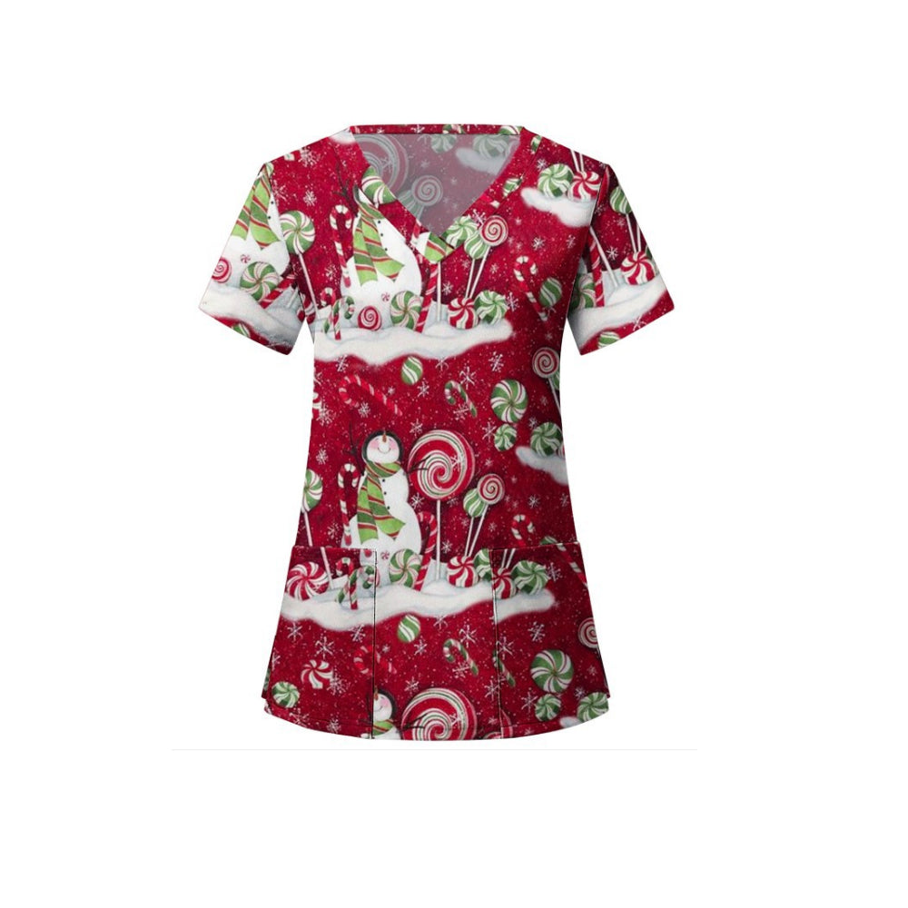 Women's Christmas Printed Crub Tops Short Sleeve V-Neck Blouse